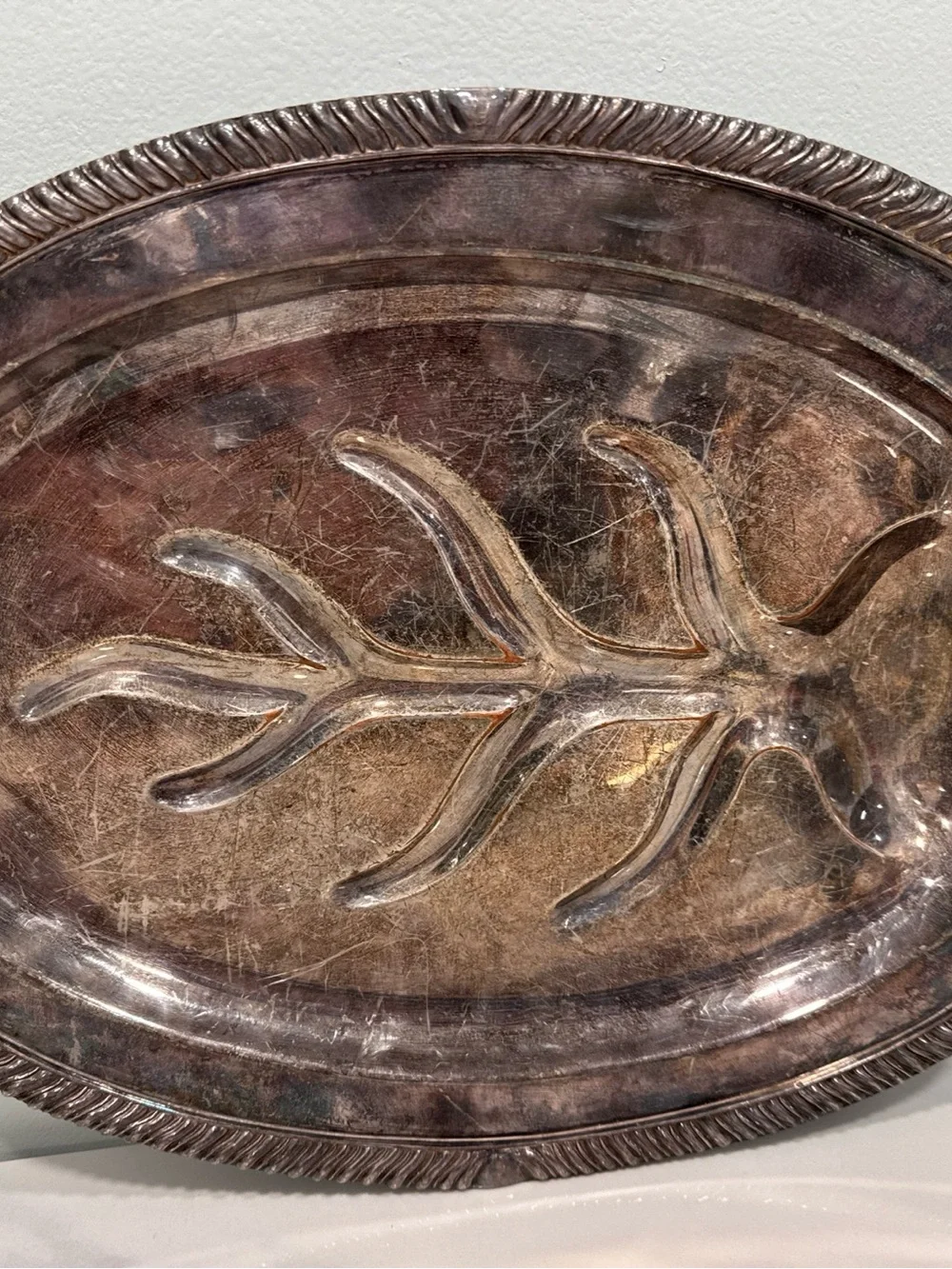 Silver-copper  Decorative Oval Serving Tray with Leaf Motif,  vintage